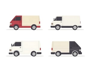 Four different illustrative delivery vans in various color combinations