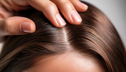 Fototapeta premium Close-up of a person parting brown hair to show a healthy scalp in natural light