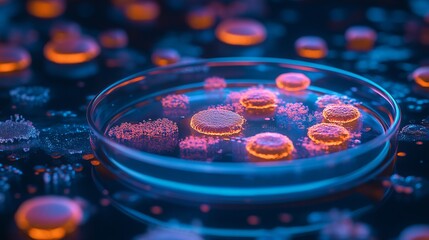 Abstract Petri Dish With Cells Glowing In Vibrant Orange And Blue. Modern Design For Science, Medicine, Or Biotech Concepts.