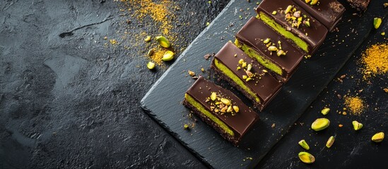 High quality photograph featuring delectable chocolate with rich pistachio filling and elegant presentation