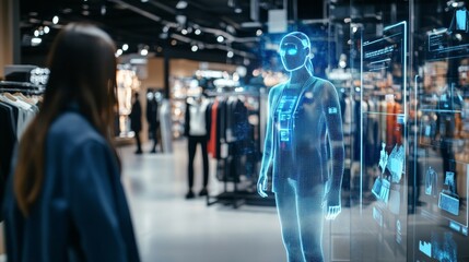 A next gen AI powered personalized shopping experience, holographic assistants guiding customers, futuristic retail store
