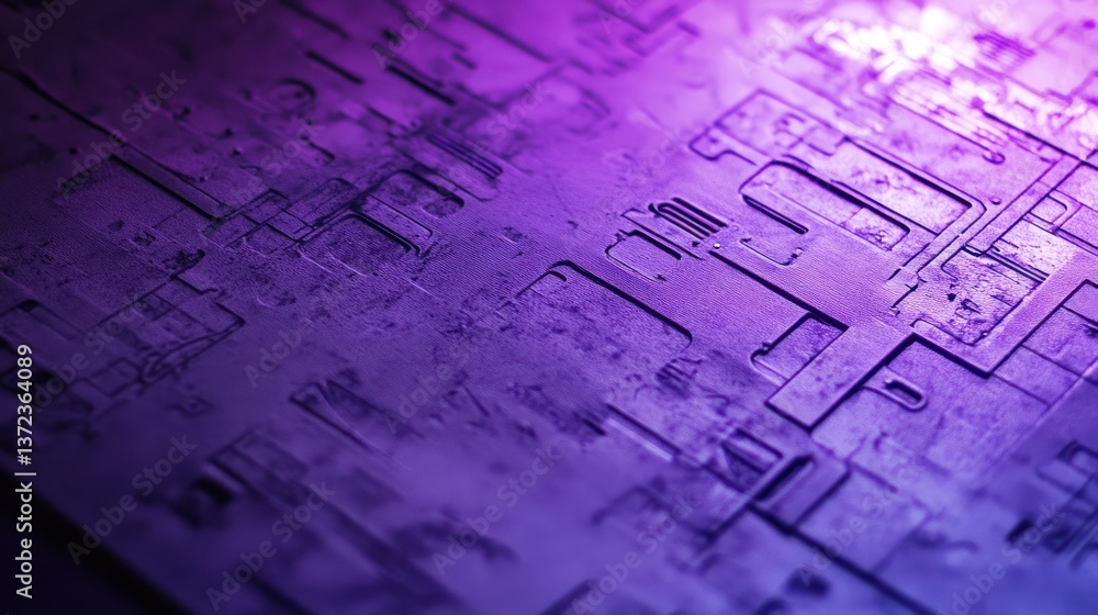 Poster a detailed and abstract view of a computer chip, showcasing its intricate design and metallic finish