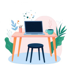 A cozy workspace featuring a laptop on a wooden desk, a cup of coffee, and decorative plants. Perfect for illustrating productivity and comfort in a home office setting.