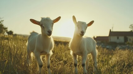 Obraz premium Rustic scene of traditional goat milk production in a rural landscape