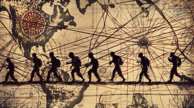 Evolution of human migration map style artwork showing how early humans spread across the world