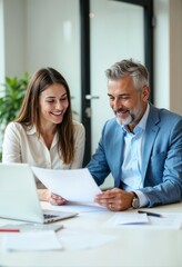 Obraz premium Happy Business Colleagues Discussing Financial Reports at Work