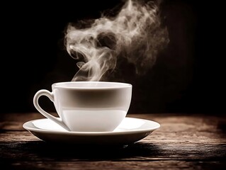 A steaming white cup of hot beverage on a wooden surface