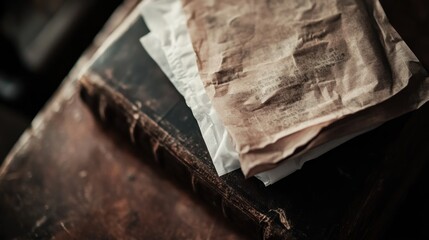 an aged book resting peacefully alongside stacks of worn paper. The scene evokes a sense of history, study, and introspection, bathed in soft light