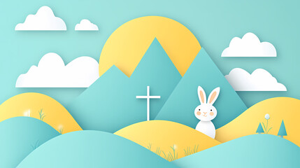 Modern Easter Geometry: Pantone Color Blocks with Rabbit & Cross for Trendy Branding.Generative AI