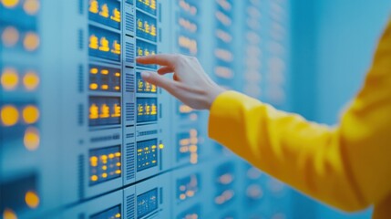 A woman in a yellow jacket interacting with server technology in a data center, showcasing a focused expression, emphasizing modern technology and innovation
