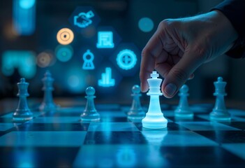 Strategic Business Decision Moving the Chess King with Digital Icons