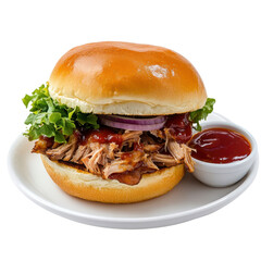 Delicious Pulled Pork BBQ Sandwich on Brioche Bun with Lettuce Red Onion and BBQ Sauce