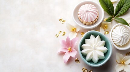 Fototapeta premium Delicate floral arrangements with sweets and other decorative embellishments are presented