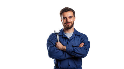 Car mechanic in blue jumpsuit holding wrench workshop environment portrait view professional concept