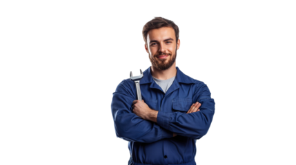 Car mechanic in blue jumpsuit holding wrench workshop environment portrait view professional concept