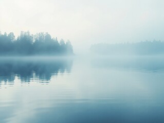 Fototapeta premium A thin layer of mist hovers just above the water’s surface, separating sky and lake with an ethereal blur. Trees in the distance appear ghostlike.