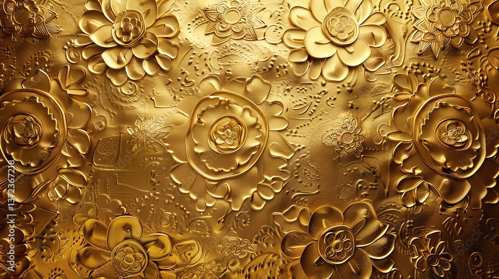 Poster golden flowers and leaves with a shiny metallic texture. 3d rendering.