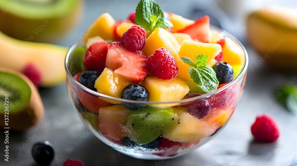 Poster vibrant and refreshing fruit salad displayed in a clear glass bowl with an array of colorful fruits 