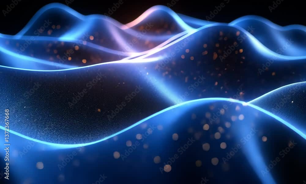 Poster abstract glowing blue waves, digital data stream background with twinkling lights