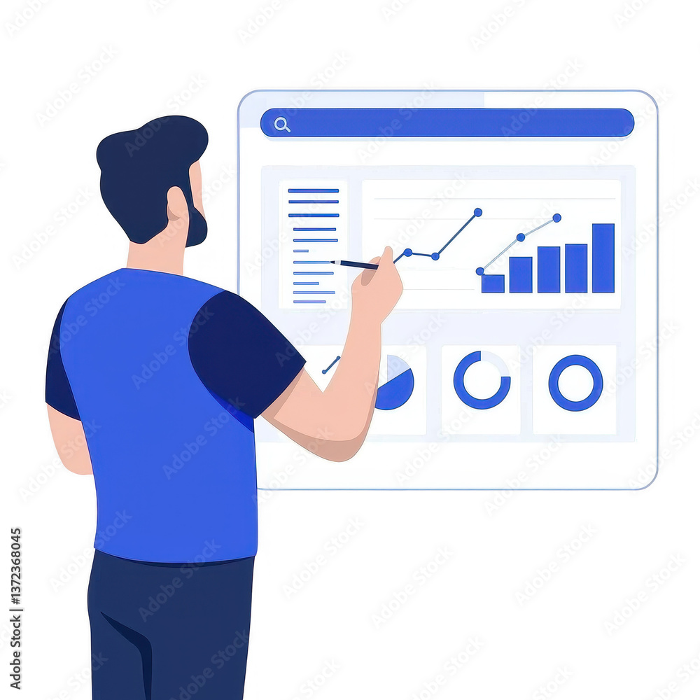 Poster a man analyzing data on a digital screen, focusing on graphs and charts to present business insights
