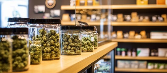 A cannabis store featuring marijuana prominently displayed on the counter.