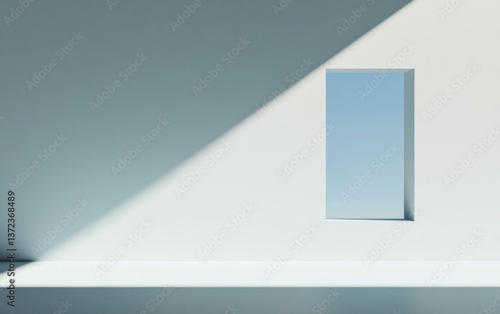 Poster minimalist white room with small window and diagonal shadow