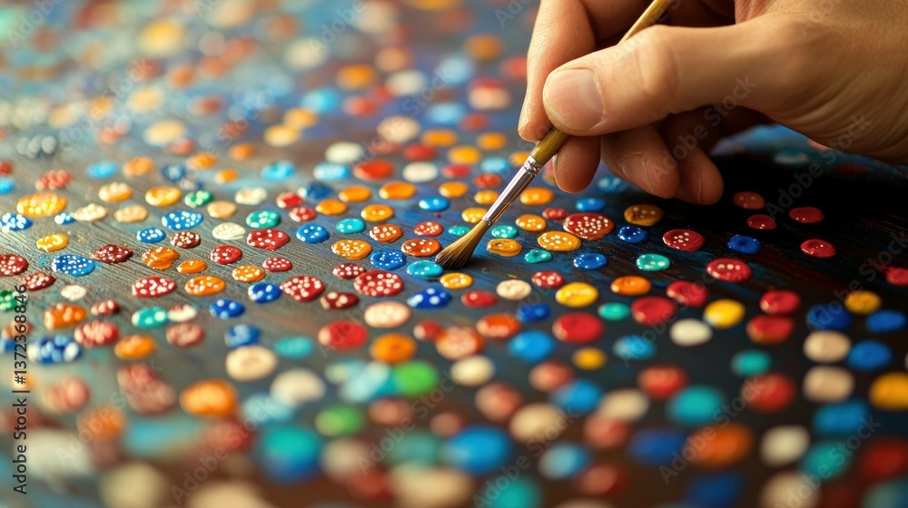Poster colorful hand painting process with vibrant dots on canvas showcasing creativity and artistic expres