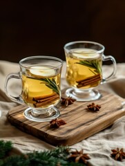 Culinary photography of a refined hot herbal tea with cinnamon, rosemary, and ginger in glass mugs on a wooden board, with red apple slices and anise stars. 