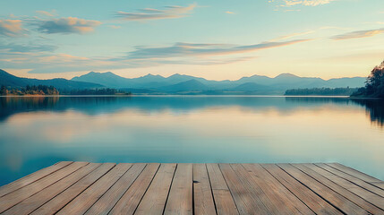 Obraz premium Lake view from wooden pier with mountain landscape and calm water