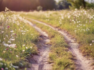 Obraz premium Tracks from a bike are visible in the dirt path surrounded by trampled grass and bent flowers. The rider has already passed.