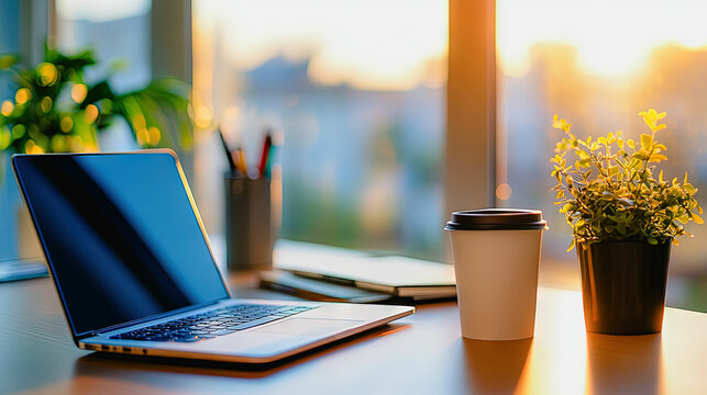 Desk setup with laptop coffee and plant for remote work productivity