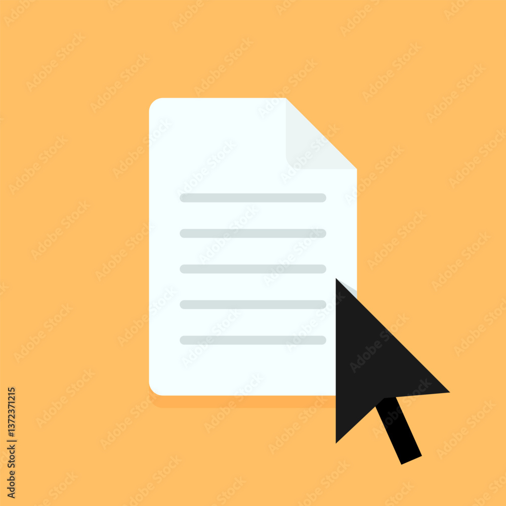 Poster document interaction icon. black cursor arrow hovers over a document icon, signaling selection or in