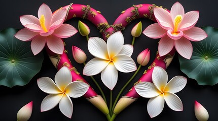 Fototapeta premium Heart-Shaped Floral Arrangement with Lotus and Plumeria