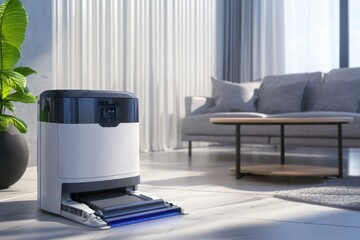Modern robot vacuum cleaner in a bright living room during daytime