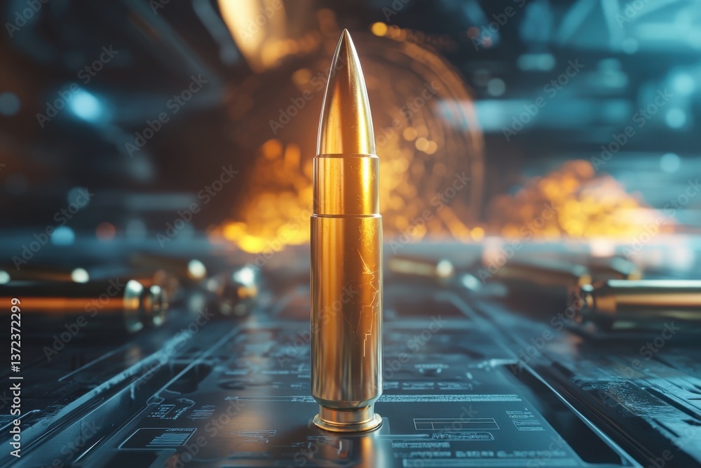 Aufkleber detailed view of a golden bullet on a futuristic display with fiery background