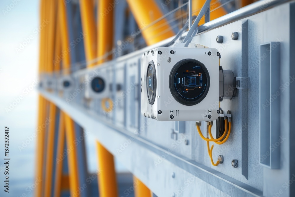 Poster close-up view of monitoring devices on a modern infrastructure structure in a coastal area