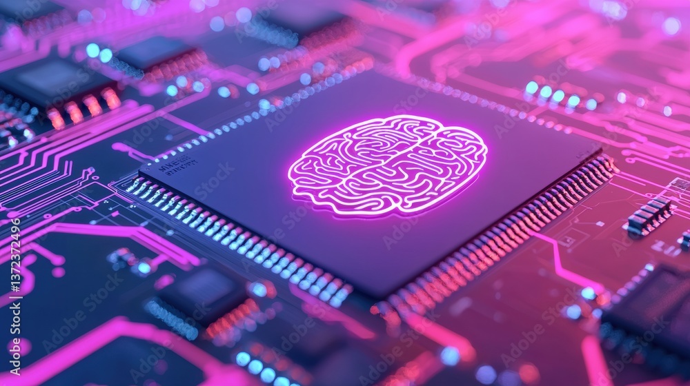 Poster a futuristic circuit board featuring a pink brain design, symbolizing artificial intelligence and ad