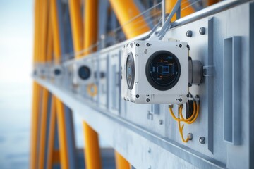 Close-up view of monitoring devices on a modern infrastructure structure in a coastal area