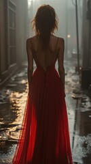 A woman wearing a flowing red gown walks down an alleyway