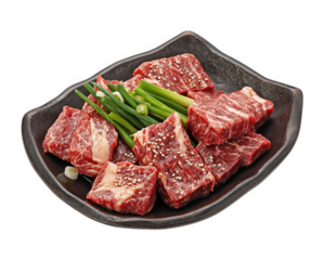 Fresh Korean style short ribs, Galbi, garnished with green onions and sesame seeds, perfect for grilling or marinating. Enjoy delicious and savory meal