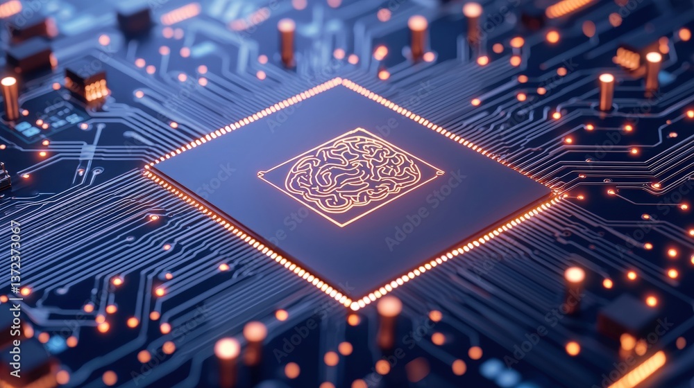 Poster a close-up of a microchip featuring intricate circuitry and a brain design, symbolizing advanced tec