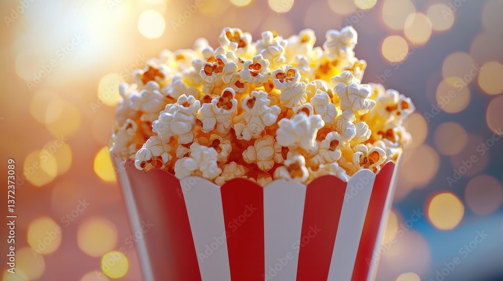 Poster buttery popcorn in red and white striped container against bokeh background