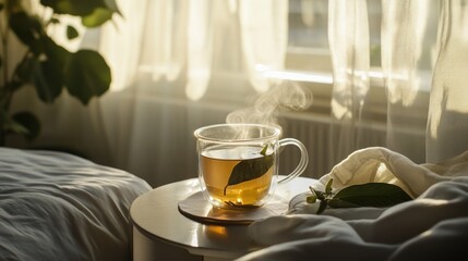 A cup of tea with leaf on table near bed