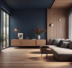 A modern living room with wooden accents, blending warmth and elegance. The space includes a comfortable seating area and artistic decor for a cozy atmosphere.