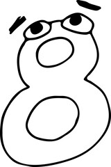 funny number eight with eyes and eyebrows raised eyebrows and looking up hand drawn with black lines in grunge style