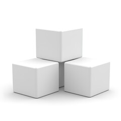 Three white geometric cubes stacked in a contemporary style