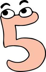 funny pink number five with eyes and eyebrows looking to the side with raised eyebrows hand drawn with black lines in grunge style