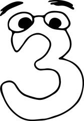 funny number three with eyes and eyebrows looks surprised hand drawn with black lines in grunge style