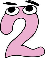funny pink number two with eyes and eyebrows looking up, hand drawn with black lines in grunge style