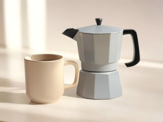Cute Espresso Maker and Coffee Mug in Warm Tan Colors on Pleasing Daylight Background